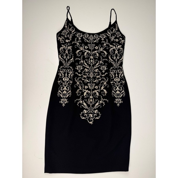 Maggy London Dresses & Skirts - Black Embroidered Fitted Sheath Dress Spaghetti Beaded Straps 8 Cocktail Formal